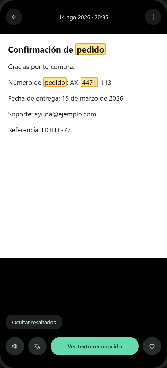 A Vestigra photo of an order confirmation with the matching words highlighted.