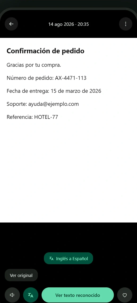 Vestigra translation view with an English to Spanish selector over the recognized text.